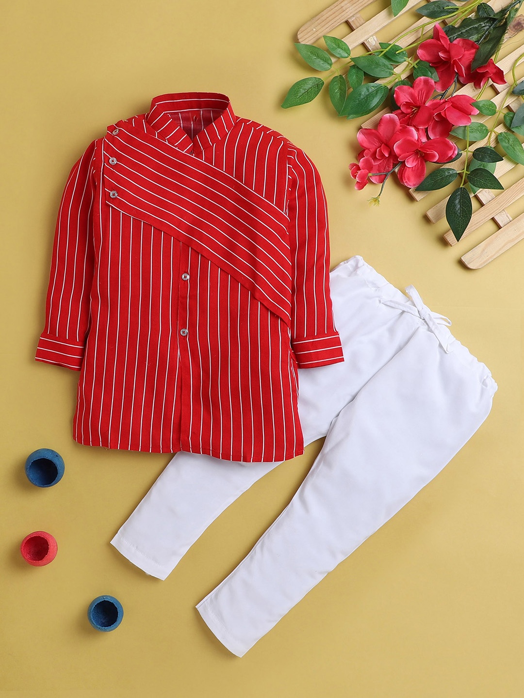 

BAESD Boys Mandarin Collar Striped Kurta With Pyjama, Red