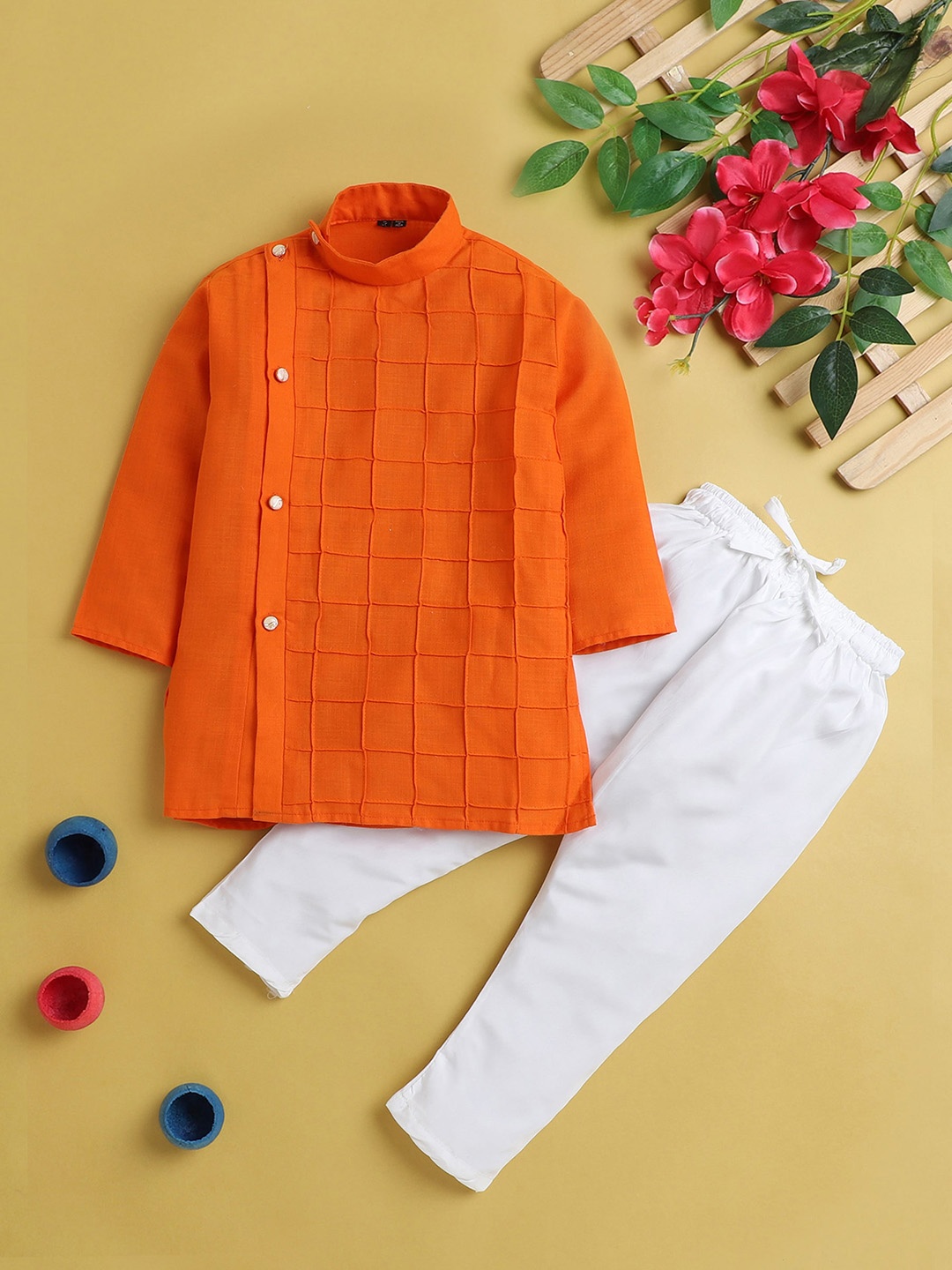 

BAESD Boys Checked Mandarin Collar Angrakha Straight Kurta With Pyjama, Orange