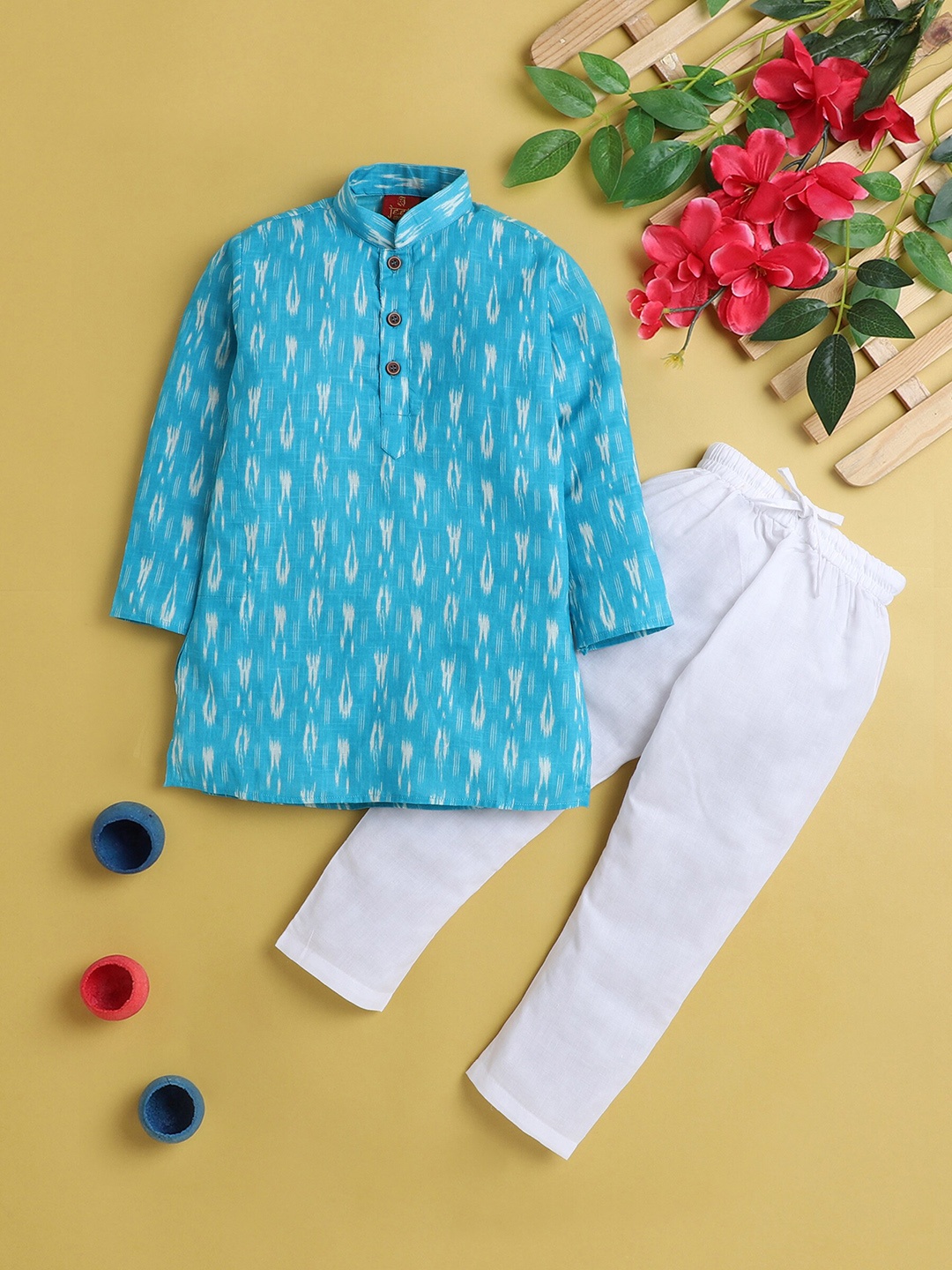 

BAESD Boys Abstract Printed Mandarin Collar Regular Kurta with Pyjama, Blue