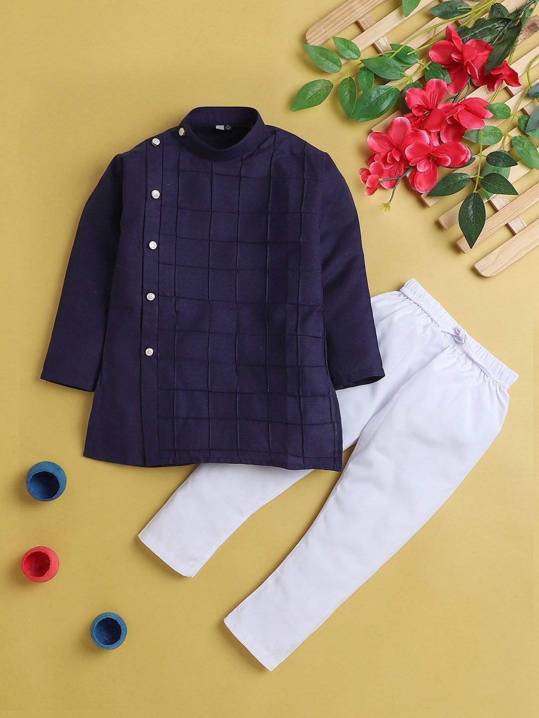 

BAESD Boys Checked Kurta With Pyjama, Navy blue