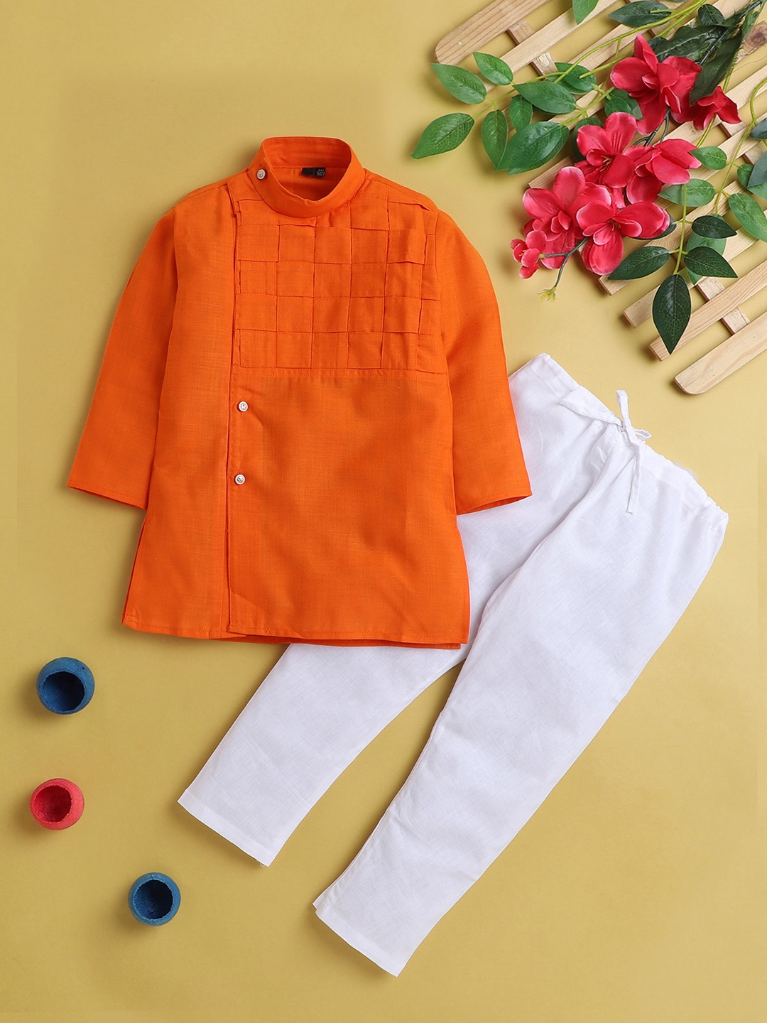 

BAESD Boys Angrakha Mandarin Collar Kurta with Pyjamas, Orange