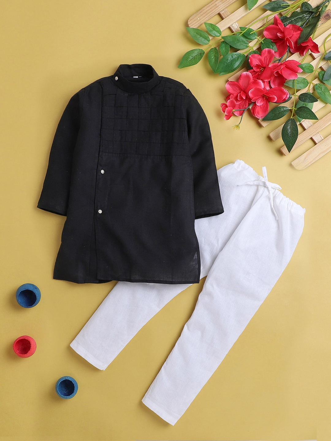 

BAESD Boys Mandarin Collar Long Sleeves Regular Kurta with Pyjama, Black