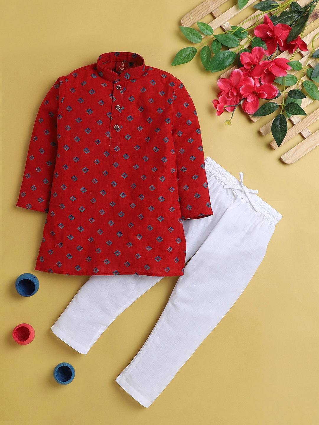 

BAESD Boys Geometric Printed Regular Mandarin Collar Kurta with Pyjamas, Red