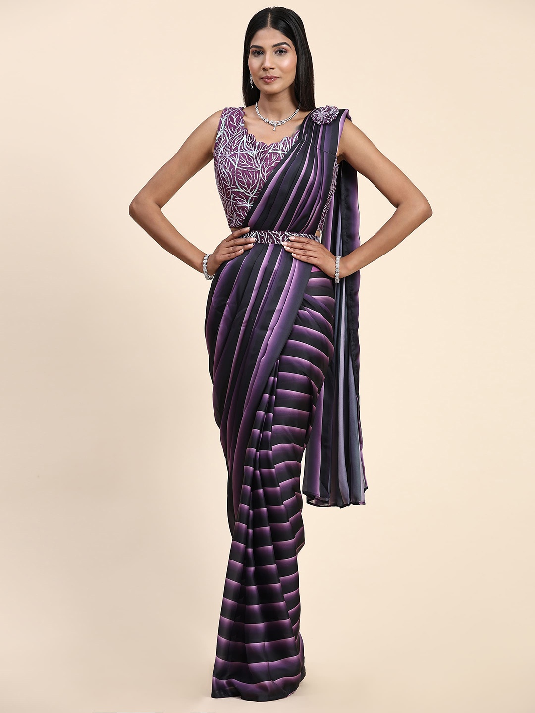 

AMOHA TRENDZ Striped Ombre Sequined Satin Ready to Wear Saree, Purple