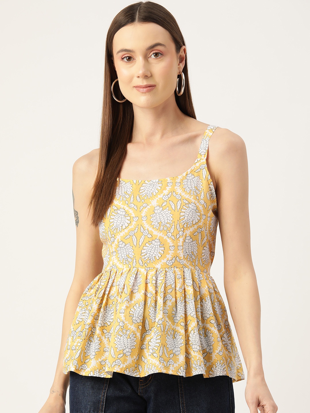 

FERANOID Ethnic Print Pure Cotton Peplum Top, Yellow