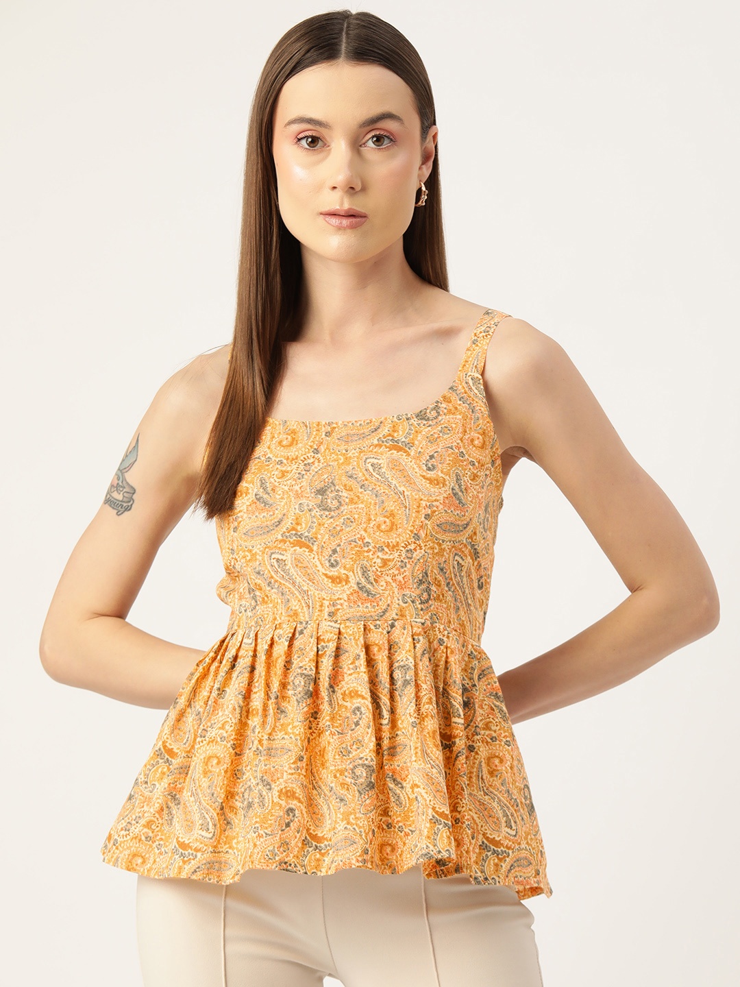 

FERANOID Print Ethnic Pure Cotton Peplum Crop Top, Mustard