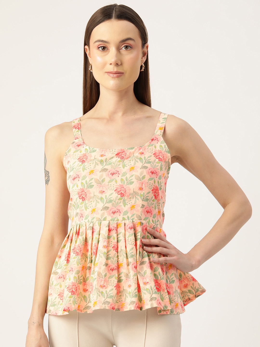 

FERANOID Floral Print Pure Cotton Peplum Top, Peach