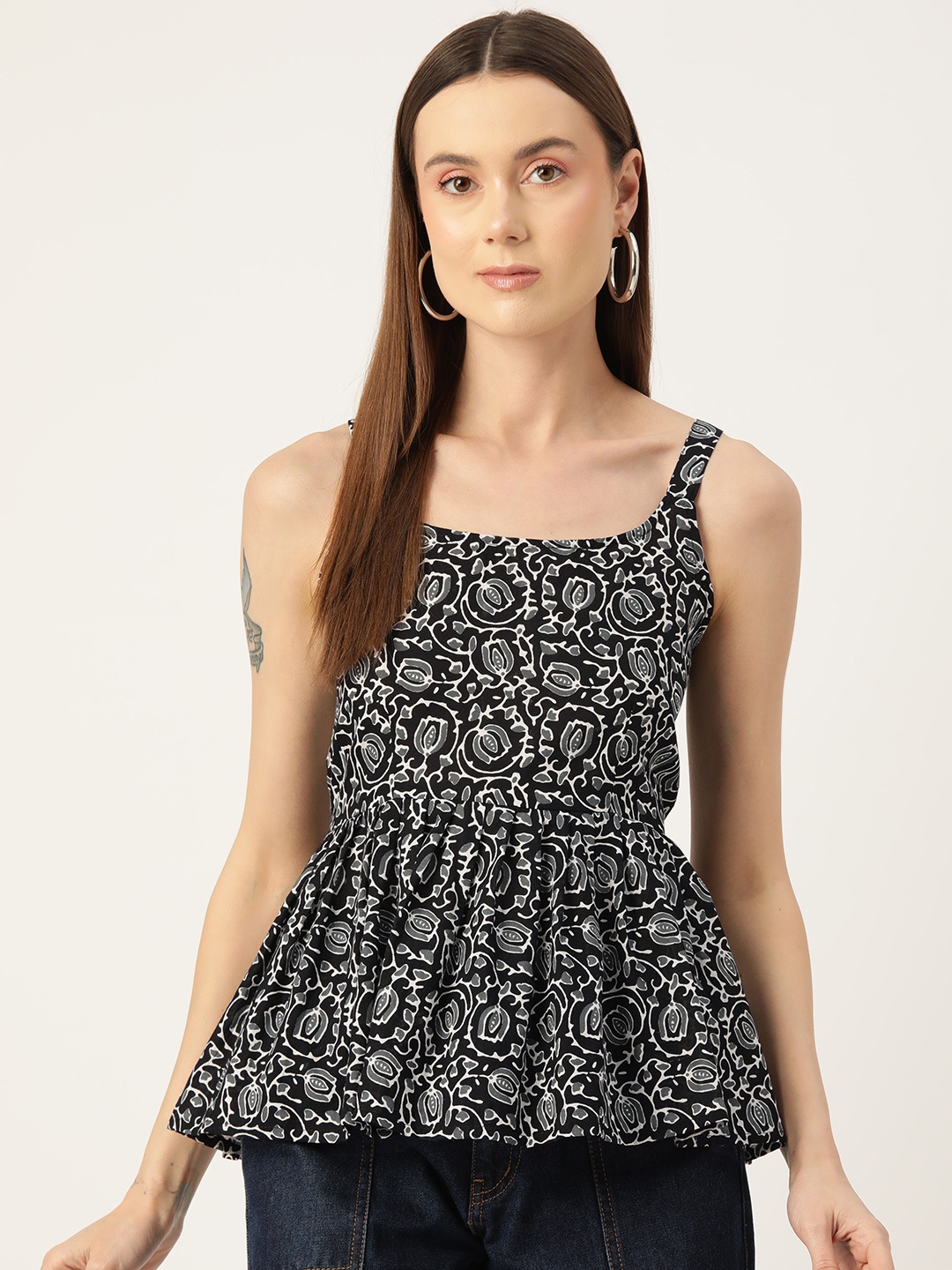 

FERANOID Floral Print Pure Cotton Peplum Top, Black