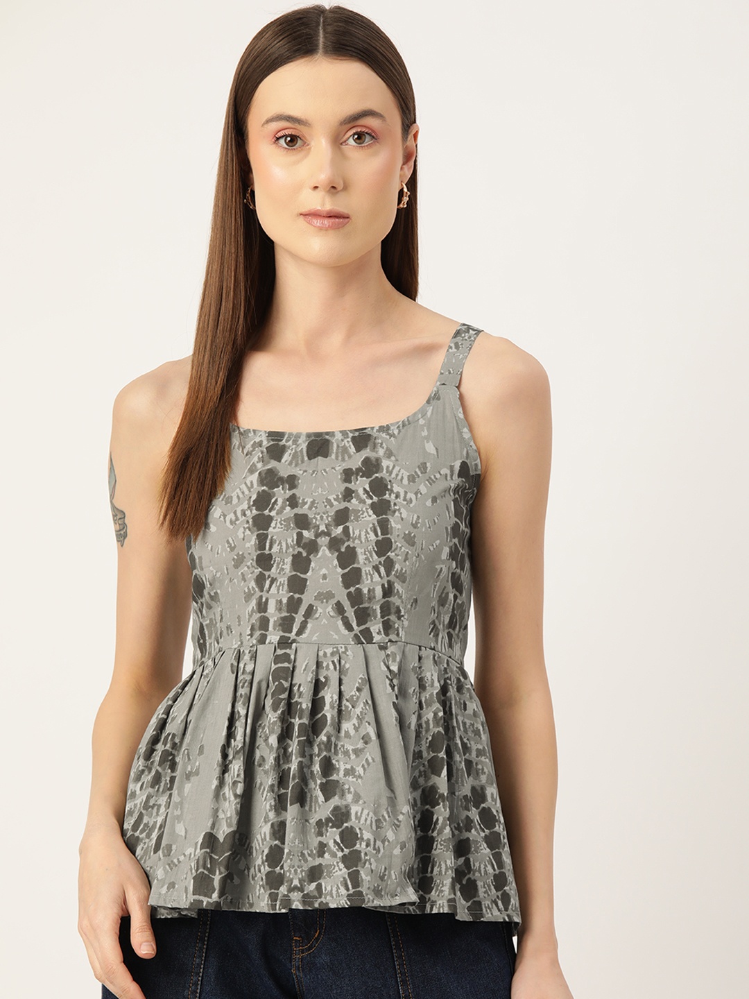 

FERANOID Print Pure Cotton Peplum Top, Green