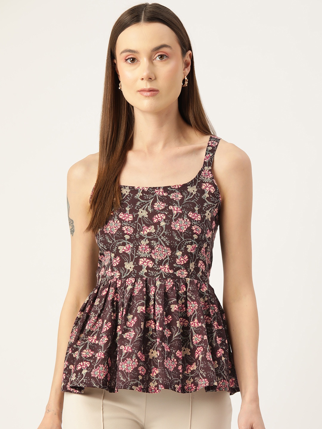 

FERANOID Floral Print Pure Cotton Peplum Top, Brown