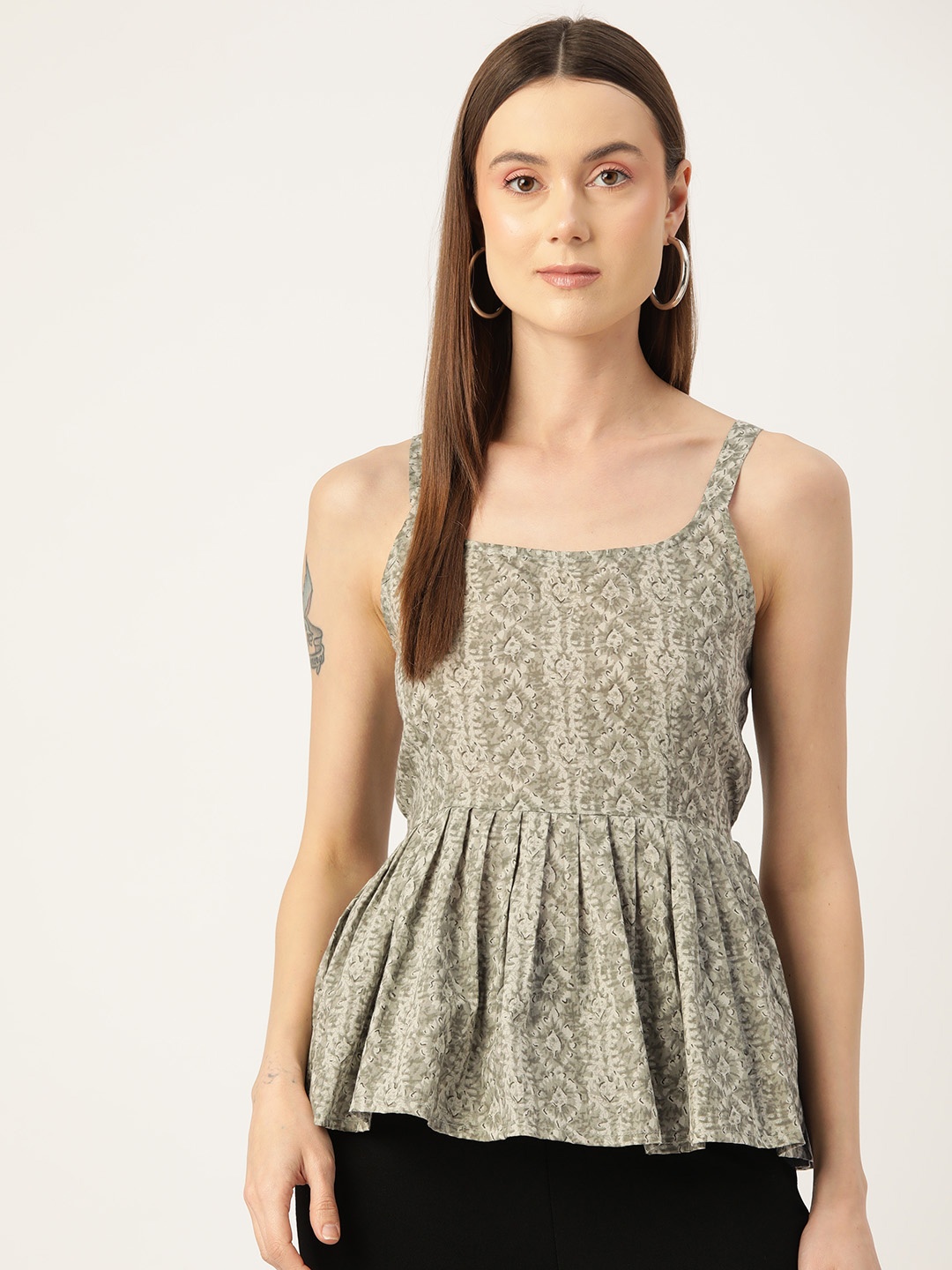 

FERANOID Floral Print Pure Cotton Peplum Top, Green