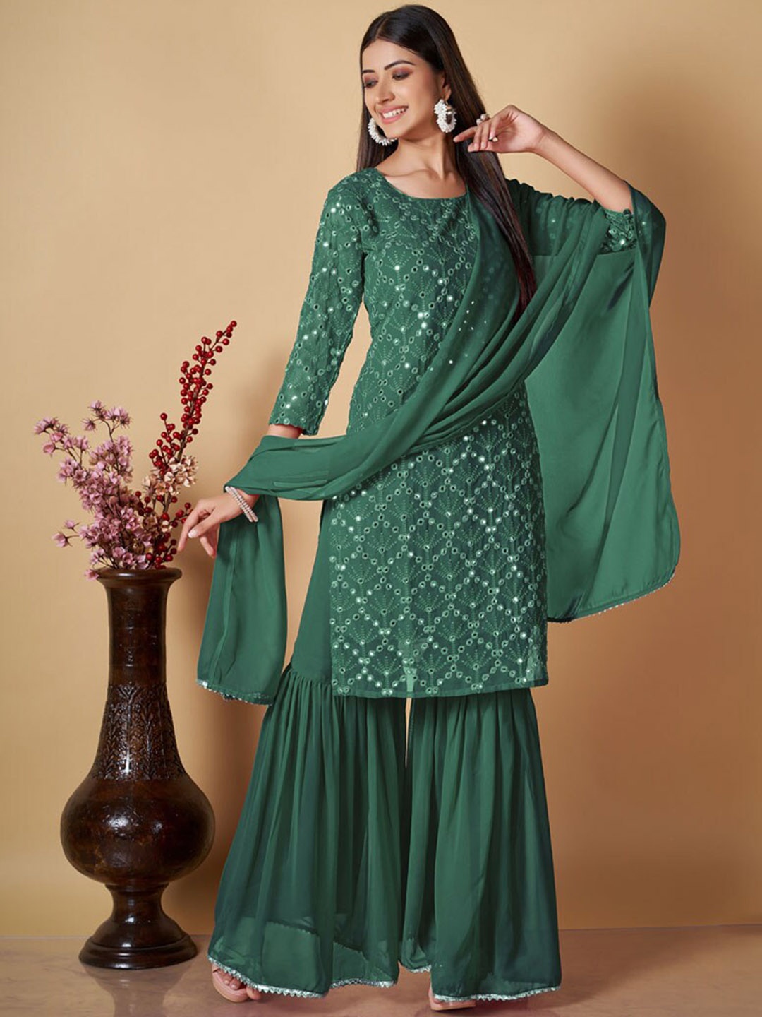 

ASISA Floral Embroidered Sequinned Straight Kurta with Sharara & Dupatta, Green