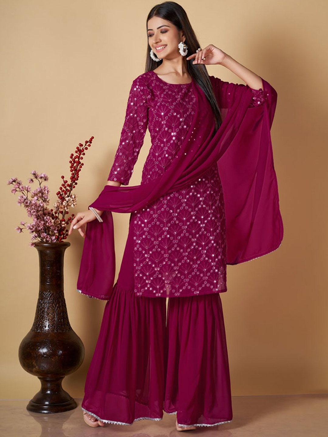 

ASISA Floral Embroidered Sequinned Straight Kurta with Sharara & Dupatta, Magenta