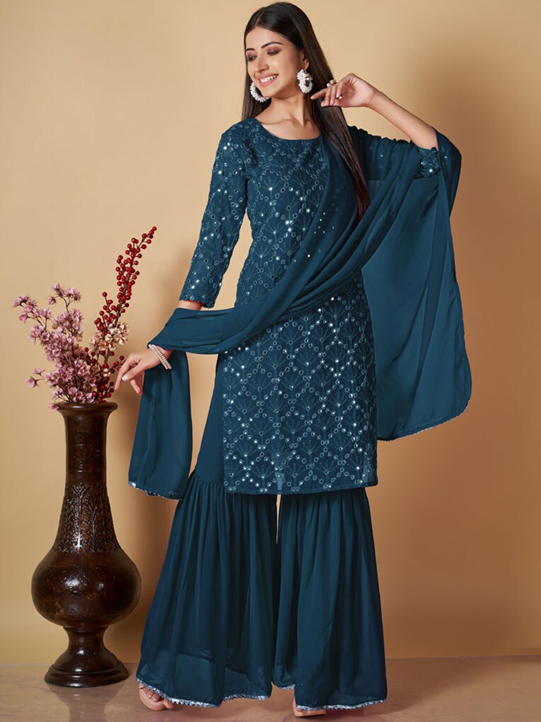 

ASISA Floral Embroidered Sequinned Straight Kurta with Sharara & Dupatta, Teal