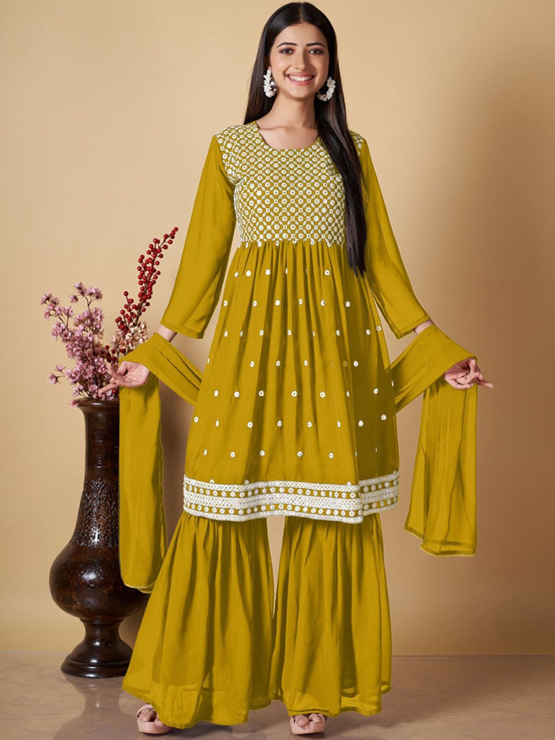 

ASISA Round Neck Embroidered Empire Sequinned A-Line Kurta with Sharara & Dupatta, Yellow