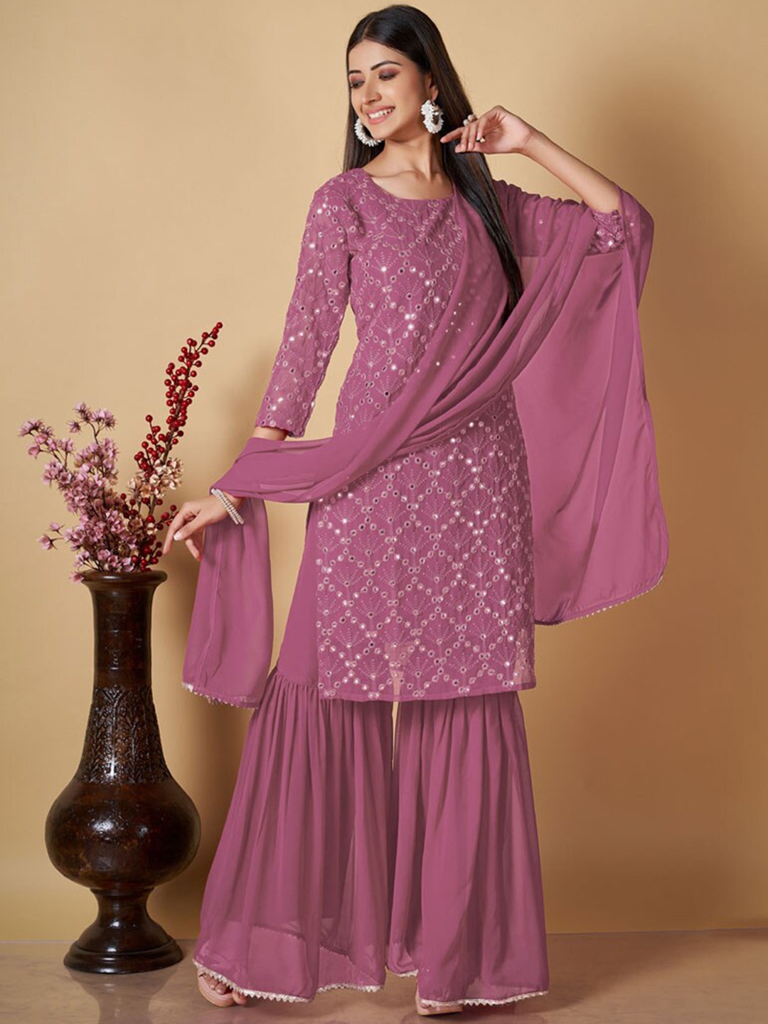 

ASISA Floral Embroidered Sequinned Straight Kurta with Sharara & Dupatta, Pink