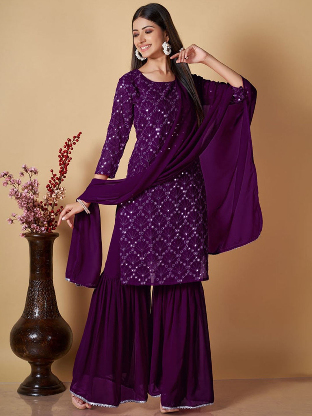 

ASISA Floral Embroidered Sequinned Straight Kurta with Sharara & Dupatta, Purple