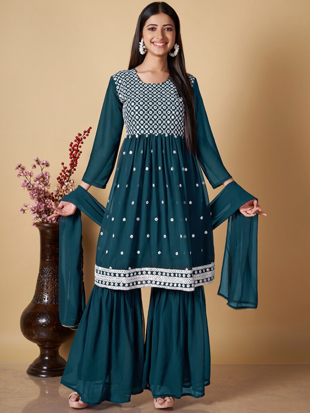 

ASISA Round Neck Embroidered Empire Sequinned A-Line Kurta with Sharara & Dupatta, Teal