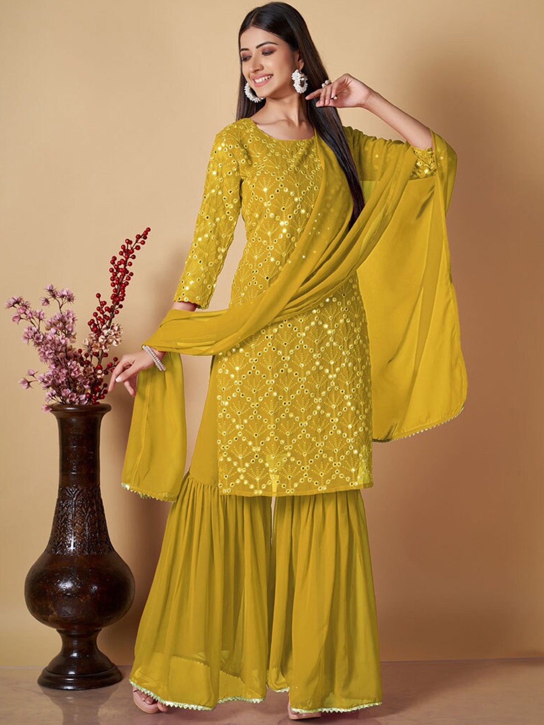 

ASISA Floral Embroidered Sequinned Straight Kurta with Sharara & Dupatta, Mustard