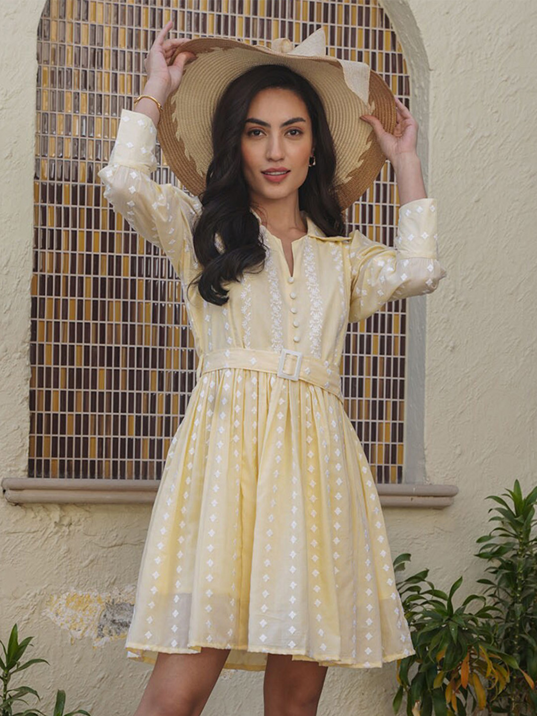 

FASHION DWAR Shirt Collar Cotton Fit & Flare Dress, Yellow