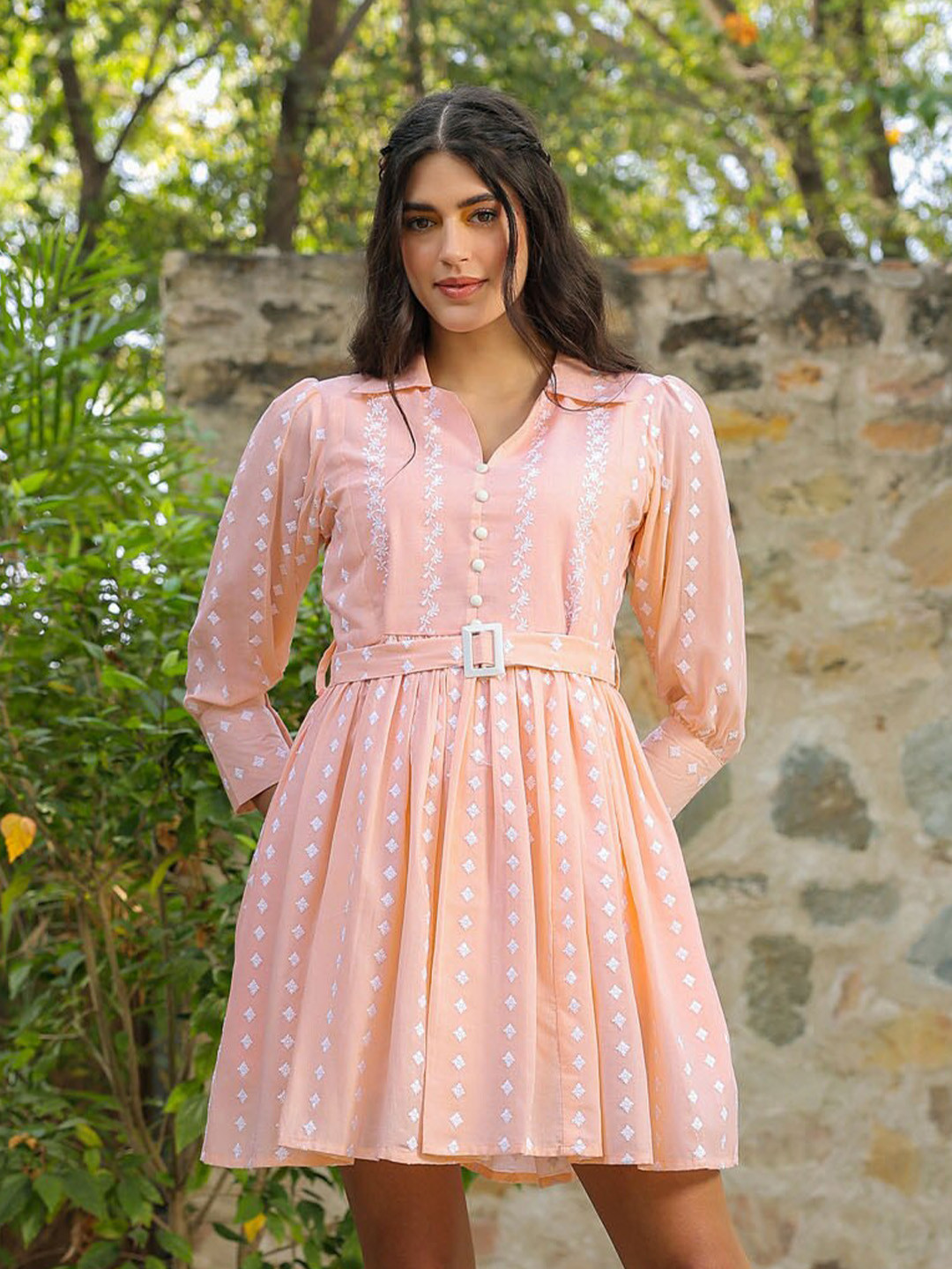 

FASHION DWAR Floral Print Puff Sleeve Cotton Fit & Flare Dress, Peach