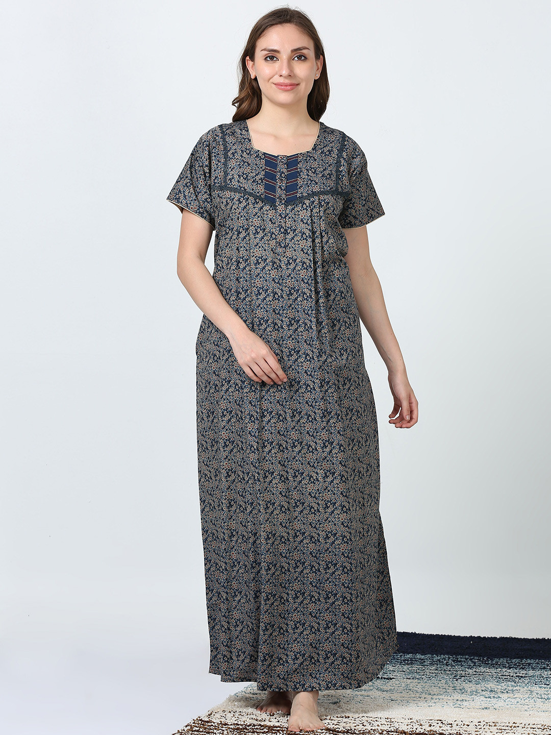 

9shines Label Floral Printed Lace Maxi Nightdress, Navy blue