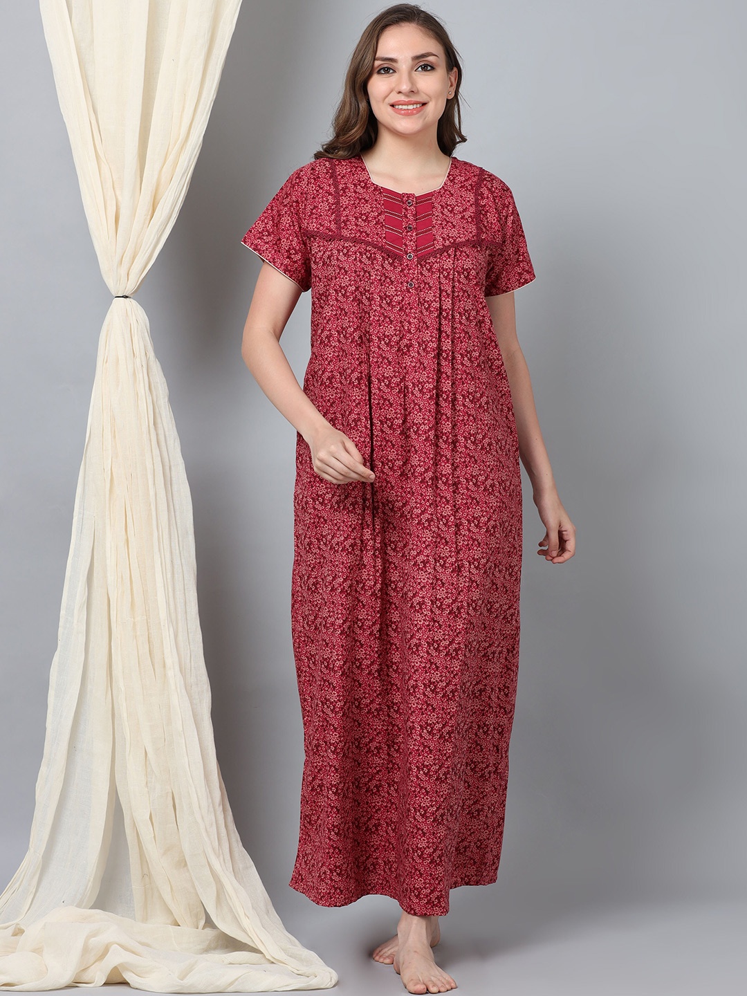 

9shines Label Floral Printed Lace Maxi Nightdress, Red