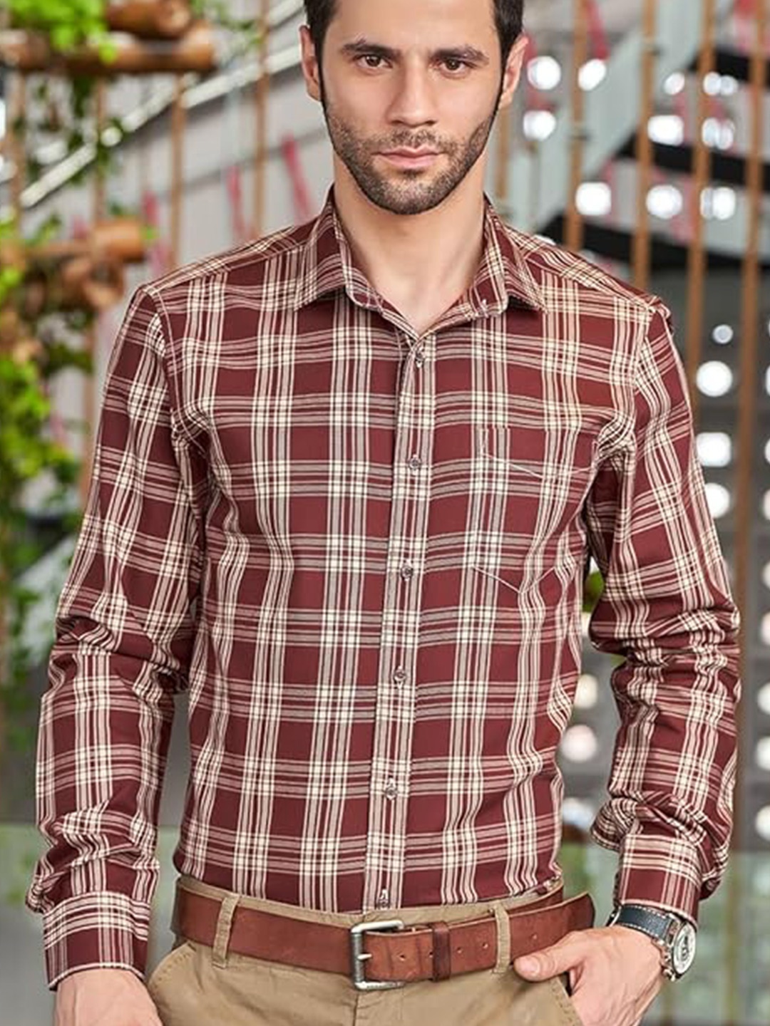 

BWOLVES Tartan Checked Casual Shirt, Brown