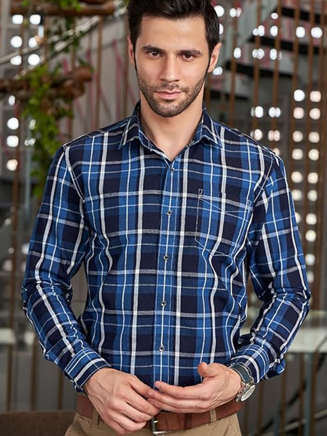 

BWOLVES Tartan Checked Cotton Casual Shirt, Blue