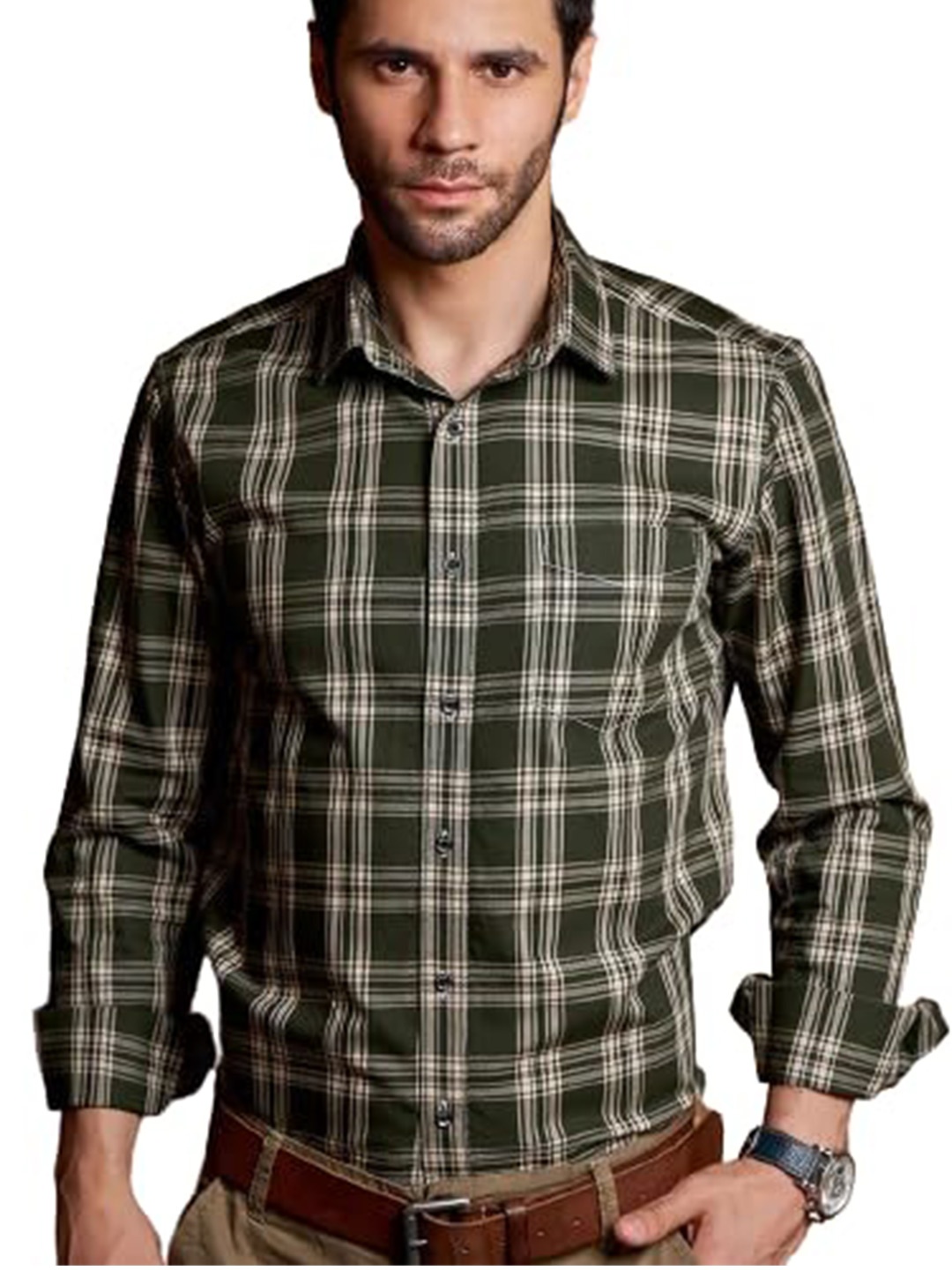 

BWOLVES Tartan Checked Spread Collar Cotton Casual Shirt, Olive