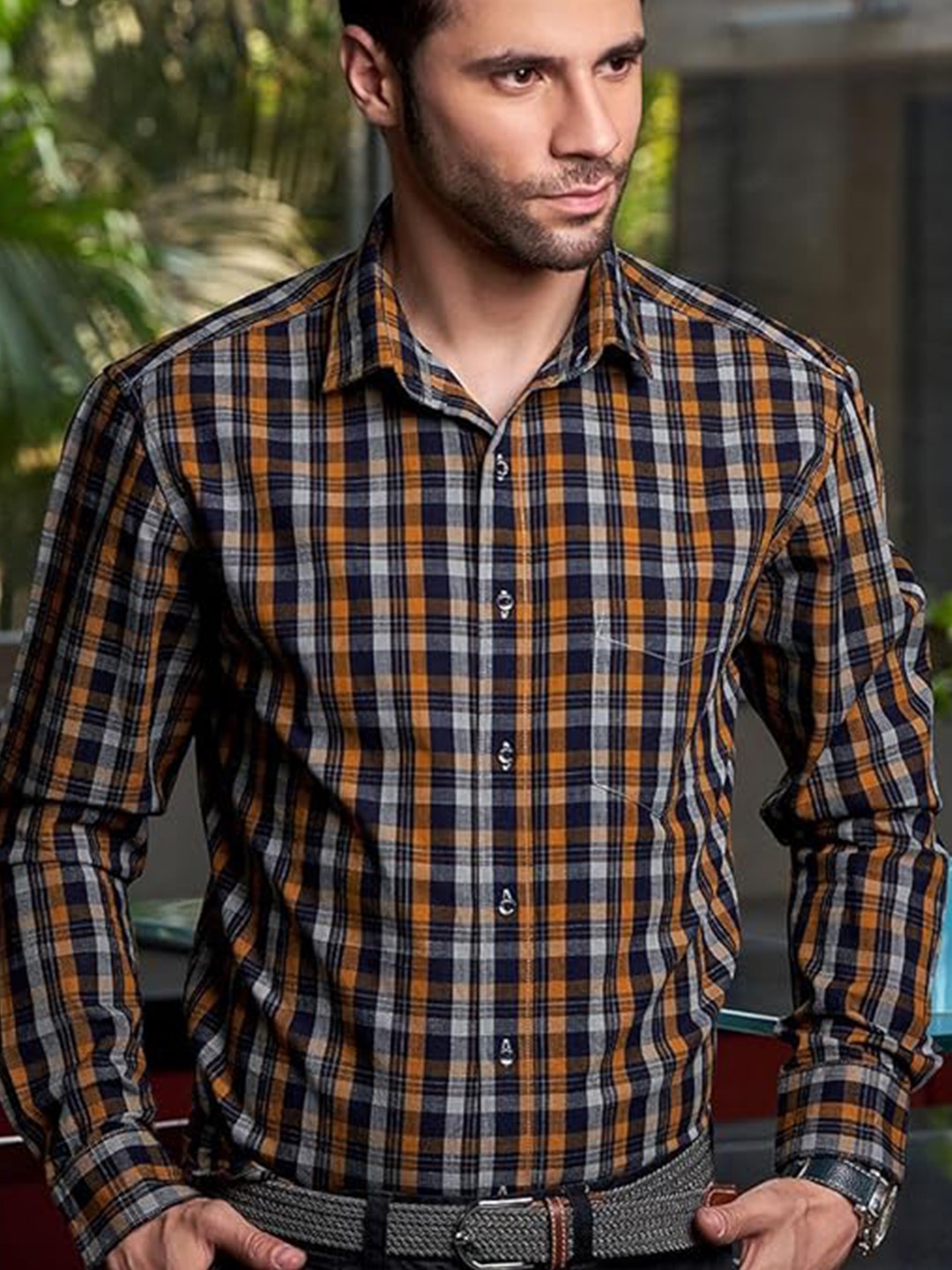 

BWOLVES Checked Spread Collar Cotton Formal Shirt, Navy blue