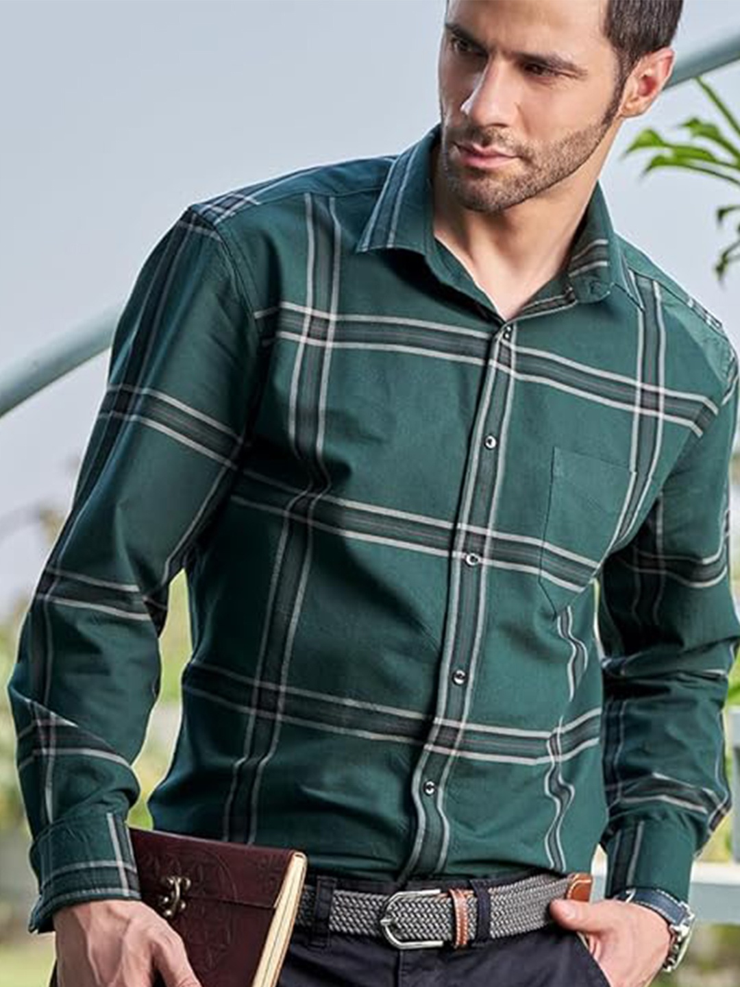 

BWOLVES Checked Spread Collar Cotton Casual Shirt, Olive