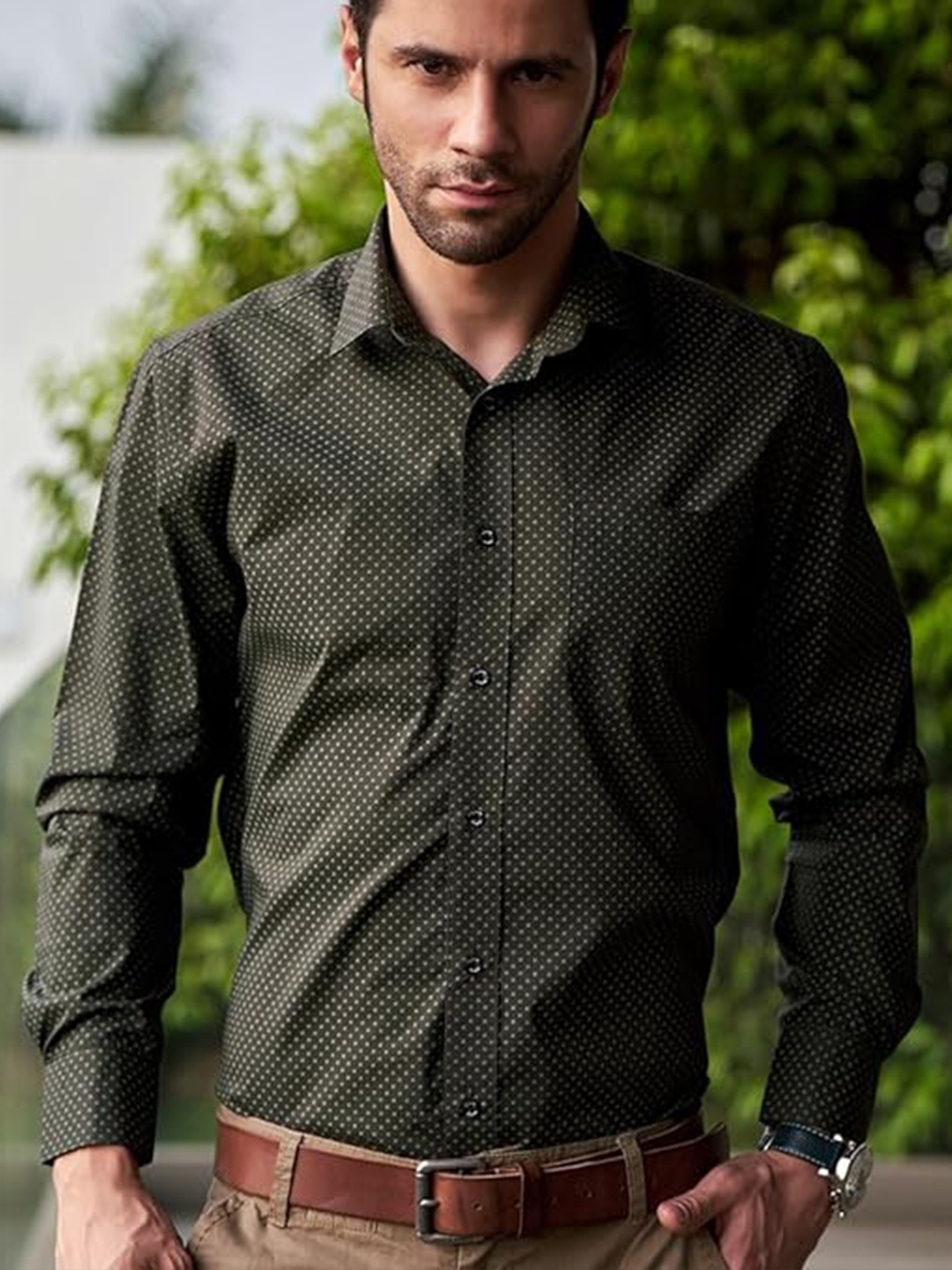 

BWOLVES Classic Micro Disty Printed Spread Collar Cotton Formal Shirt, Olive