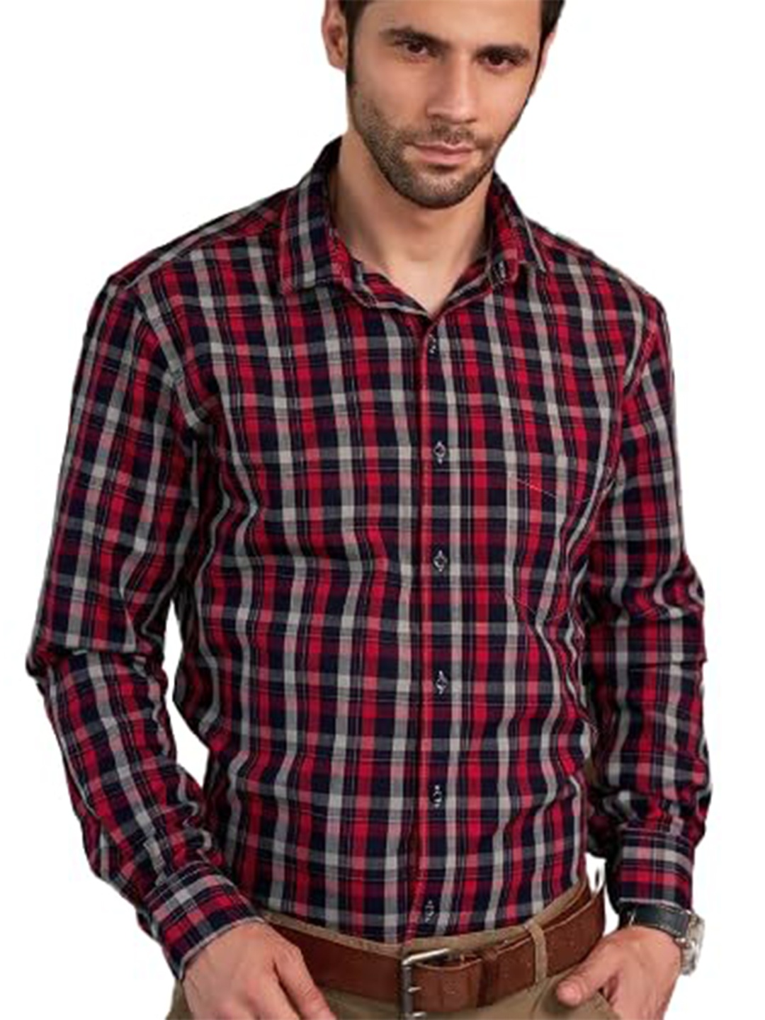 

BWOLVES Classic Tartan Checked Cotton Casual Shirt, Red