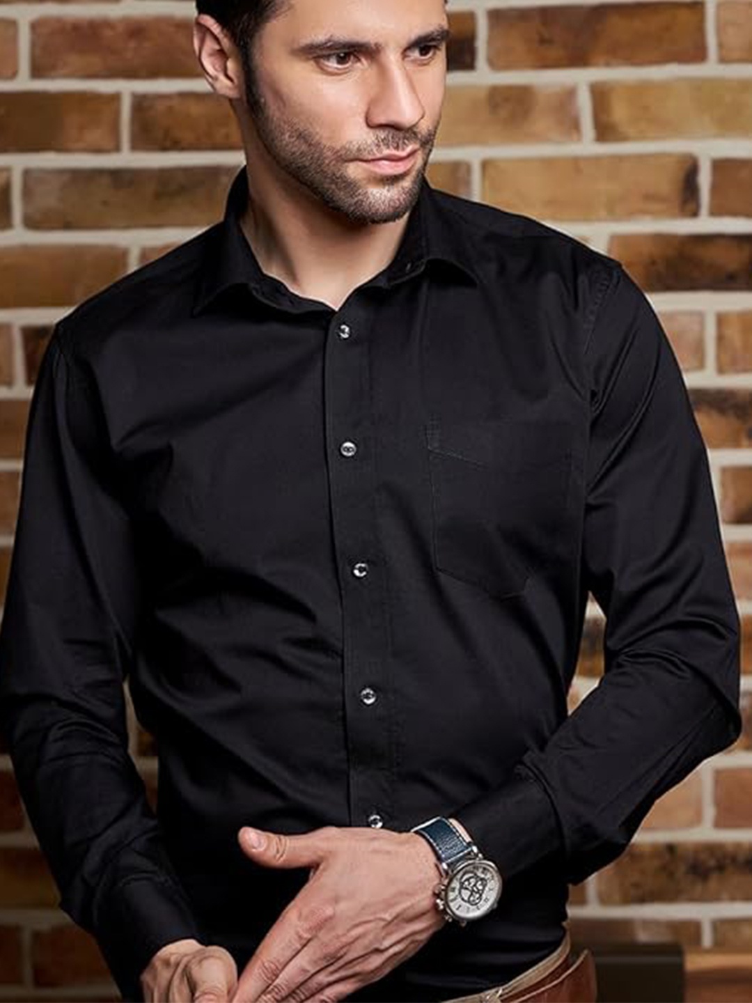 

BWOLVES Spread Collar Cotton Formal Shirt, Black