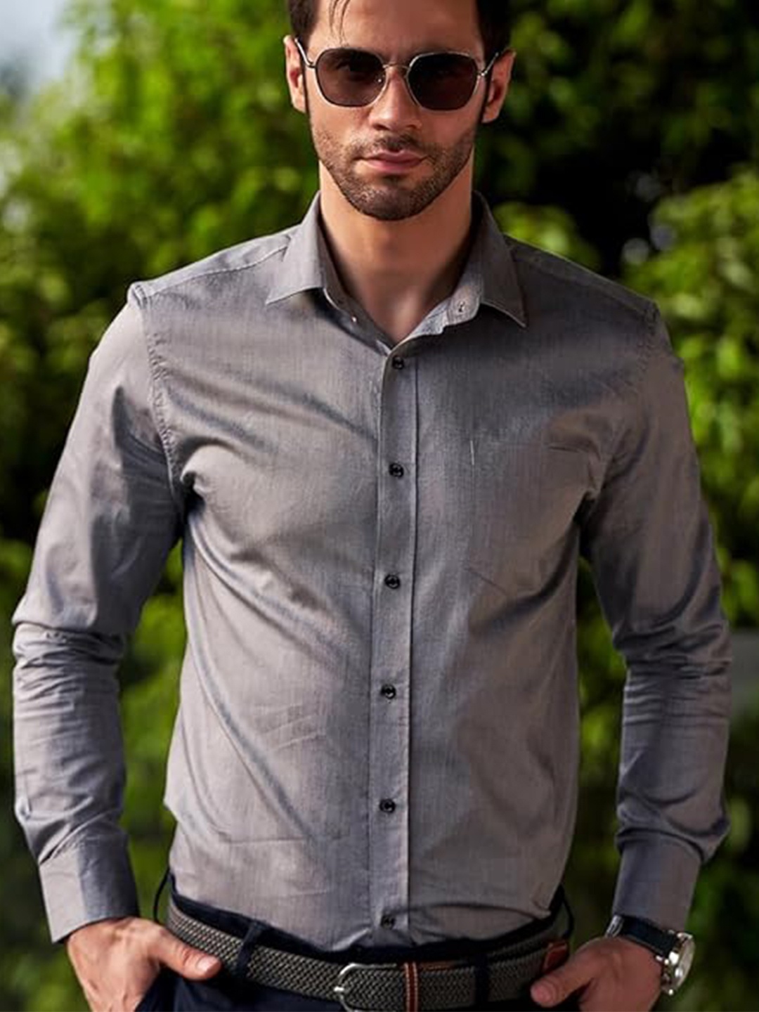 

BWOLVES Spread Collar Cotton Formal Shirt, Grey