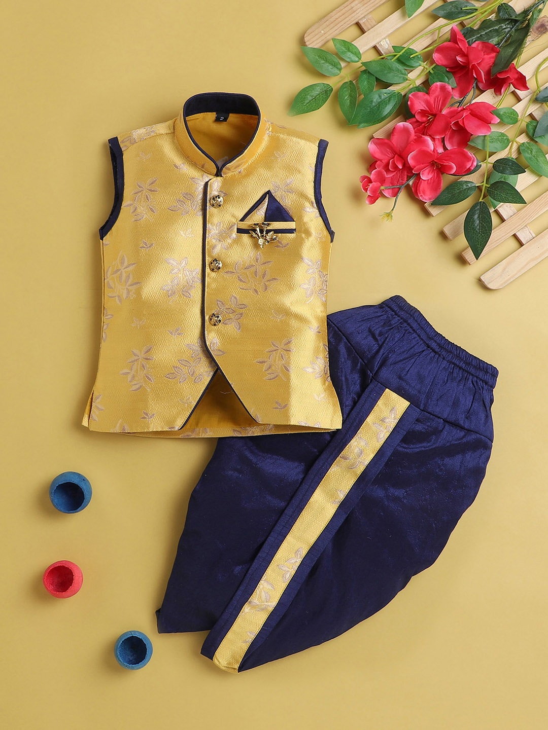 

BAESD Boys Floral Regular Kurta with Dhoti Pants, Yellow