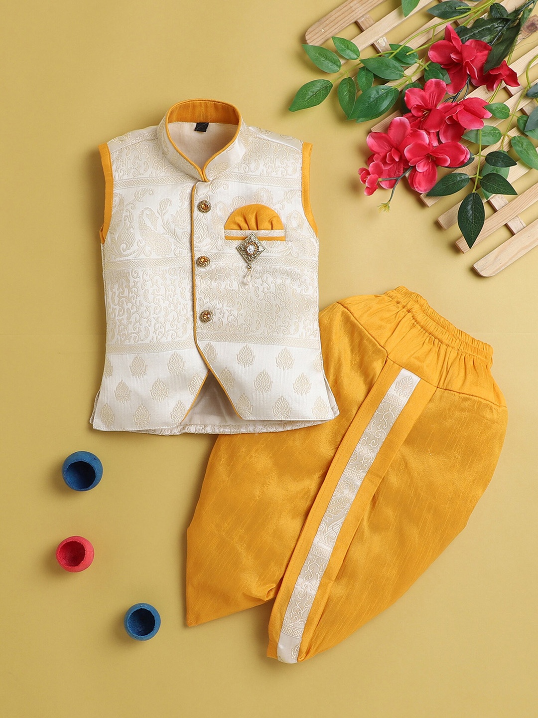 

BAESD Boys Ethnic Motifs Regular Kurta with Dhoti Pants, Yellow