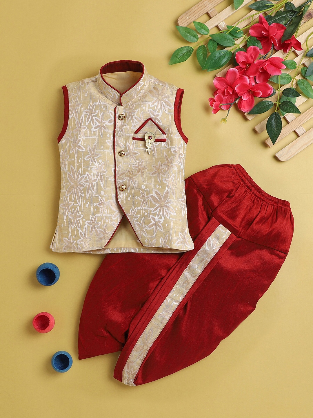 

BAESD Boys Floral Regular Kurta with Dhoti Pants, Cream