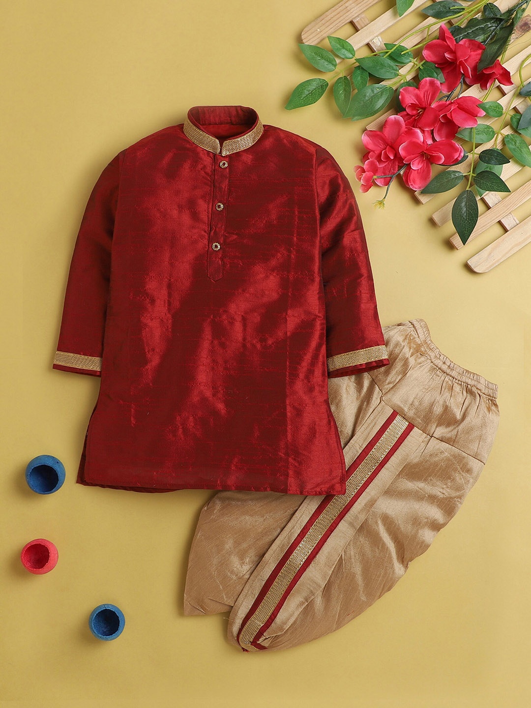 

BAESD Boys Regular Mandarin Collar Gotta Patti Kurta with Dhoti Pants, Maroon