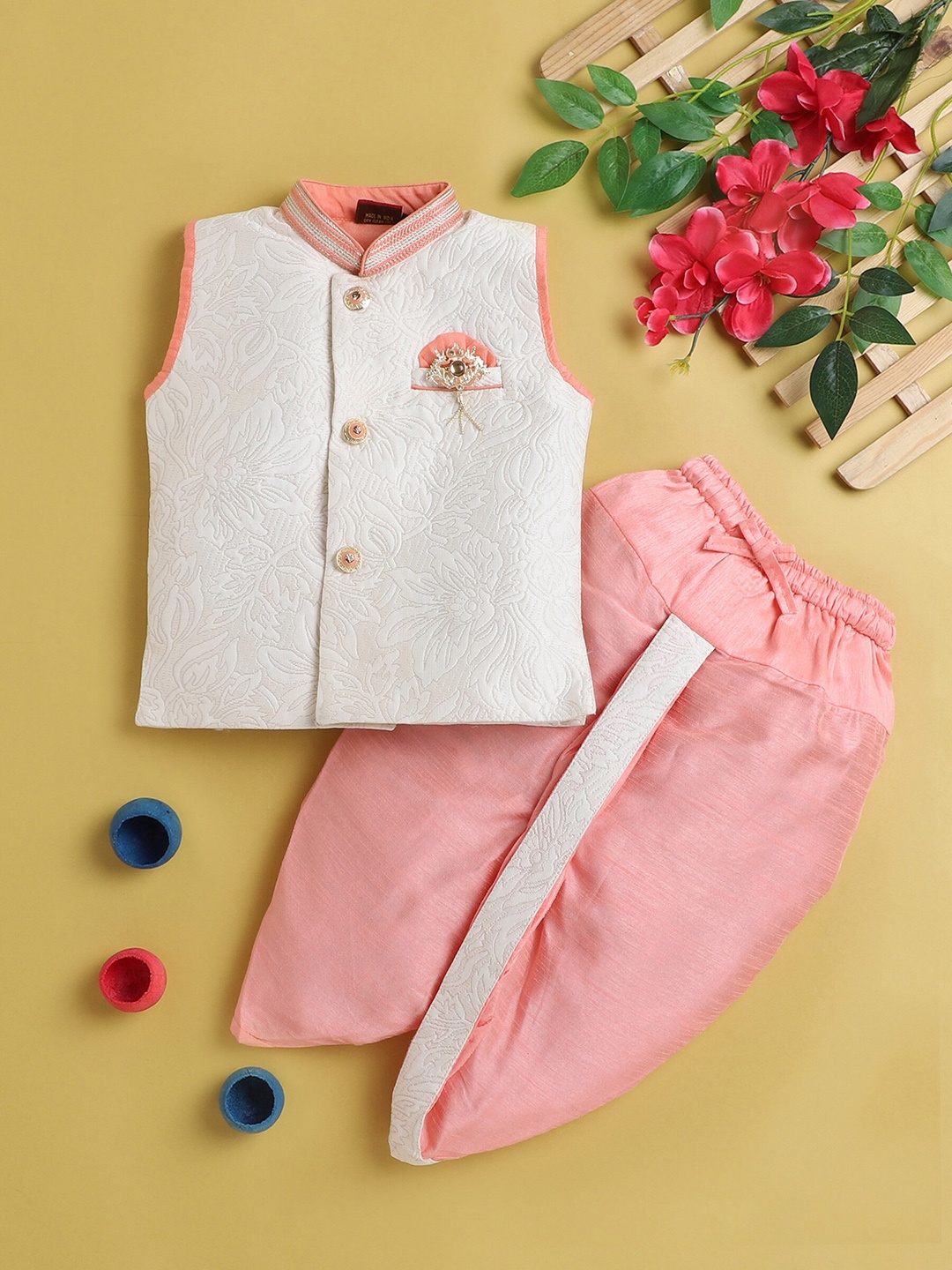 

BAESD Boys Ethnic Motifs Mandarin Collar Regular Kurta with Dhoti Pants, Peach