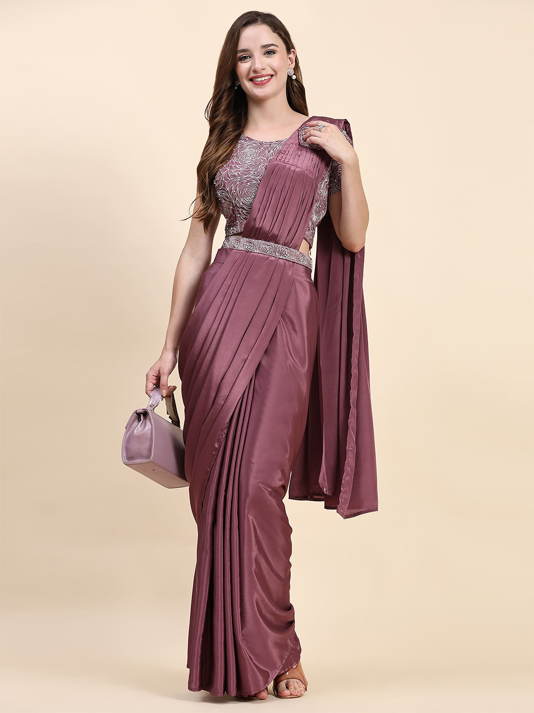 

AMOHA TRENDZ Embroidered Satin Ready to Wear Saree, Pink