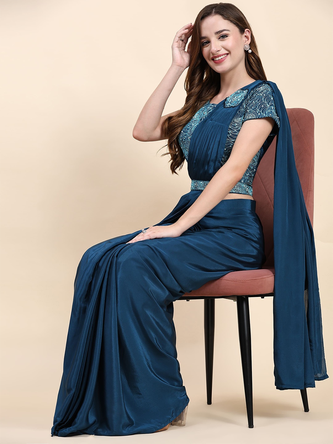 

AMOHA TRENDZ Satin Ready to Wear Saree, Teal