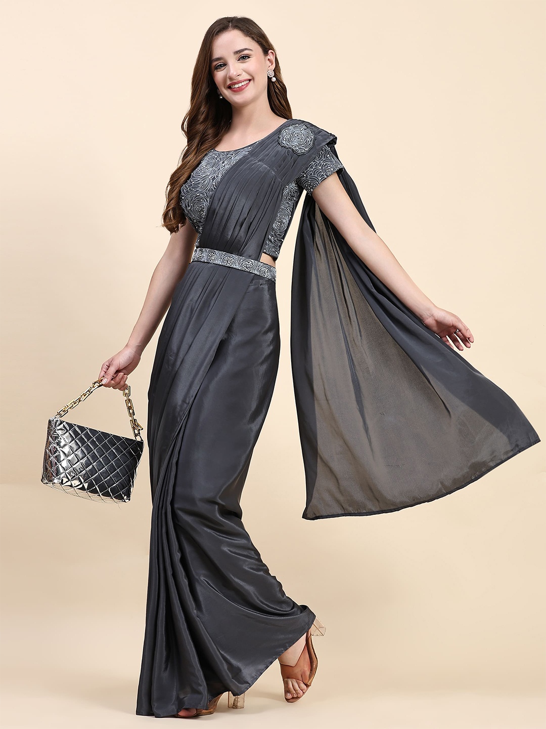 

AMOHA TRENDZ Embroidered Silk Satin Ready to Wear Saree, Grey