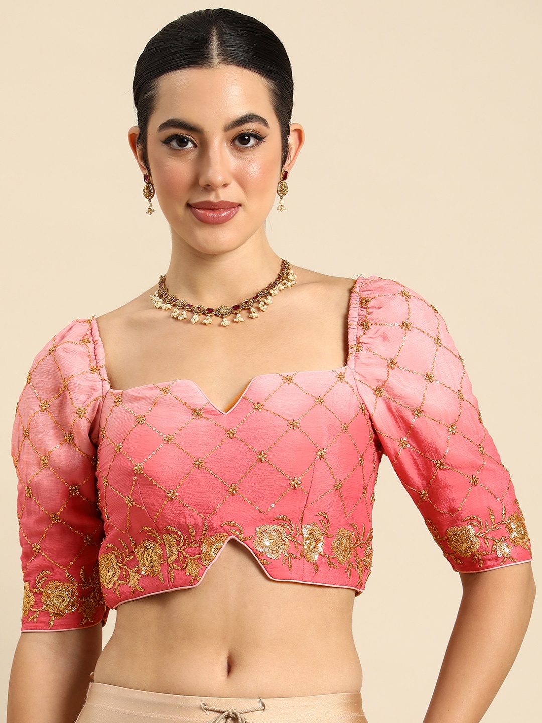 

Ethnovog Embroidered Sequinned Square Neck Chinon Saree Blouse, Pink