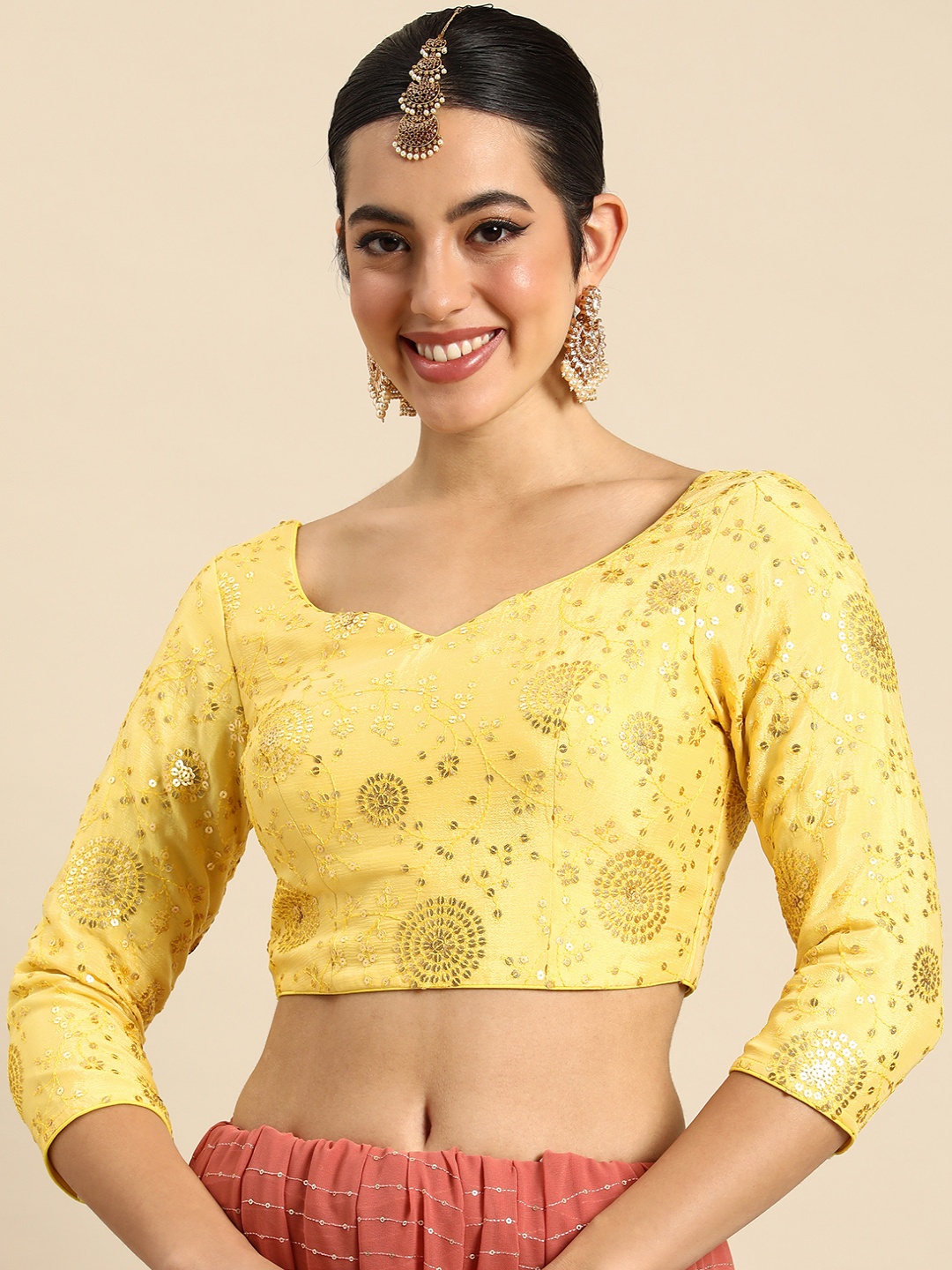 

Ethnovog Women Embroidered Saree Blouse, Yellow