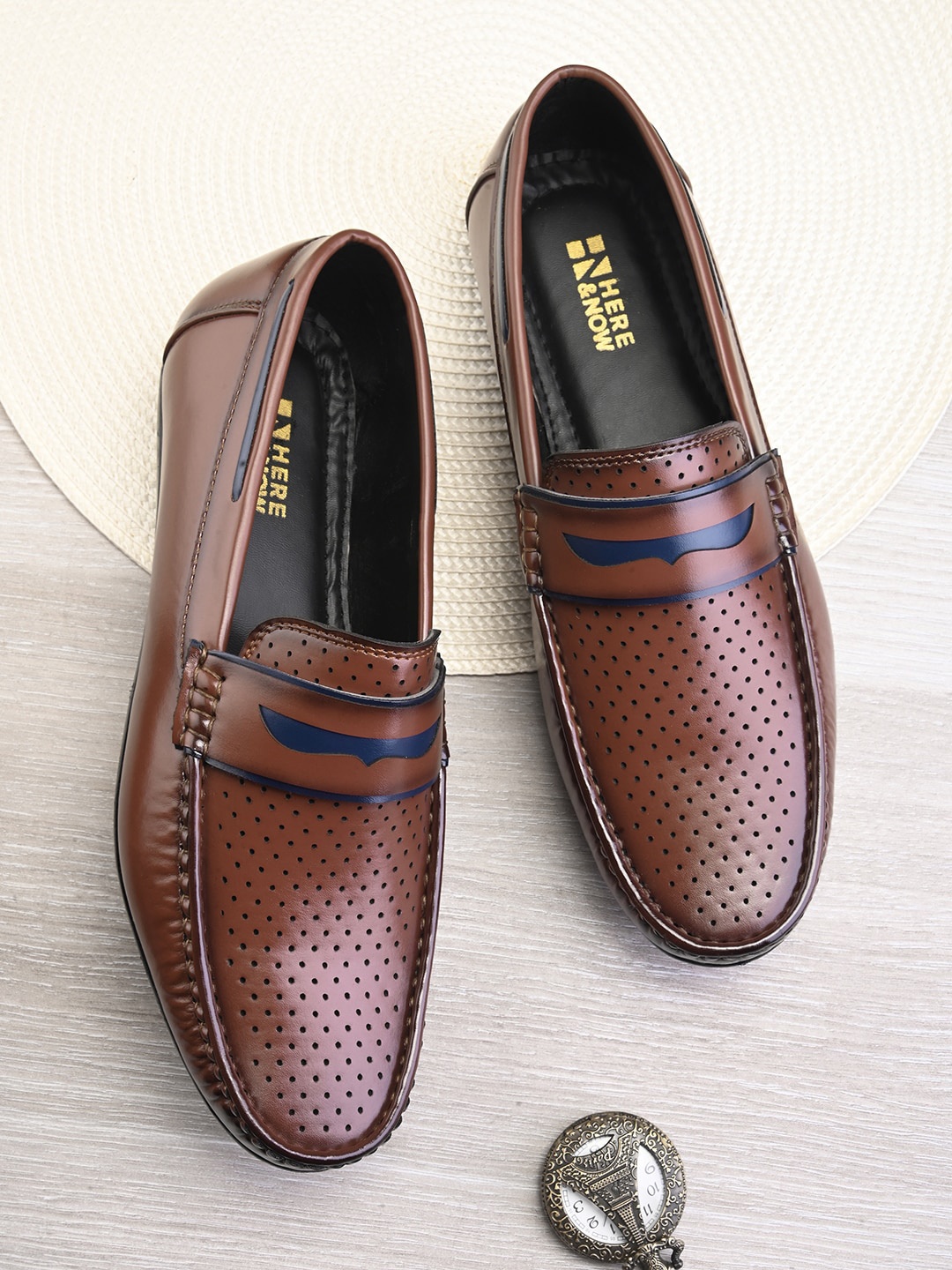 

HERE&NOW Men Textured Perforations Penny Loafers, Tan
