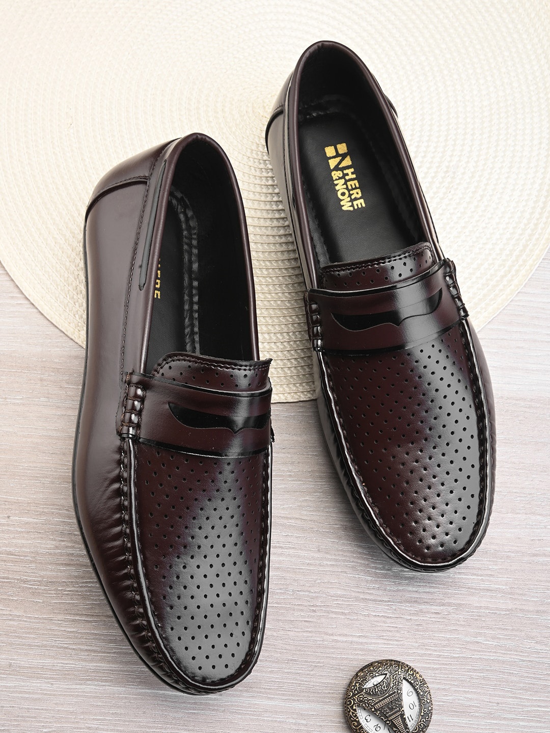 

HERE&NOW Men Perforations Slip-On Penny Loafers, Brown