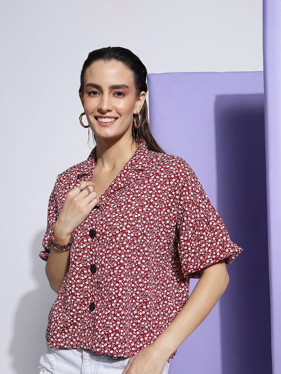 

FashionsEye Floral Printed Lapel Collar Puff Sleeves Georgette Shirt Style Top, Pink