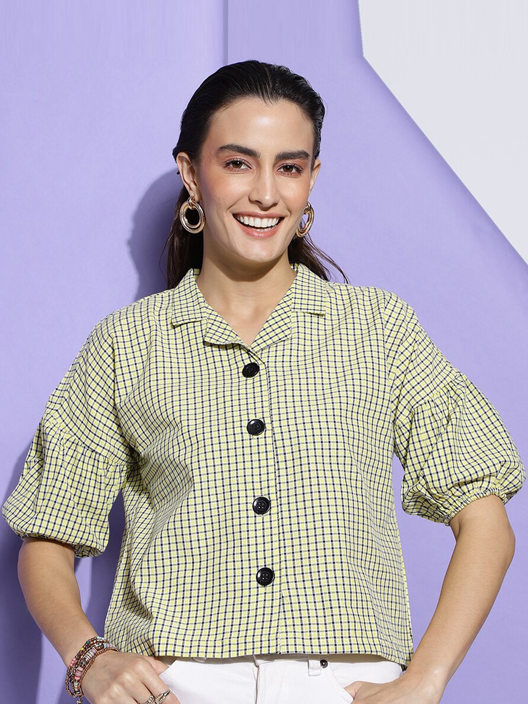 

FashionsEye Checked Puff Sleeve Cotton Shirt Style Top, Sea green